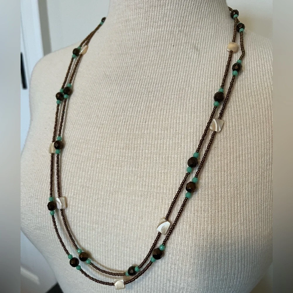 Brown, Teal and Tan/Cream Beaded Necklace.